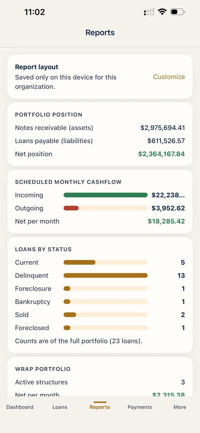 NoteHarbor Mobile reports screen